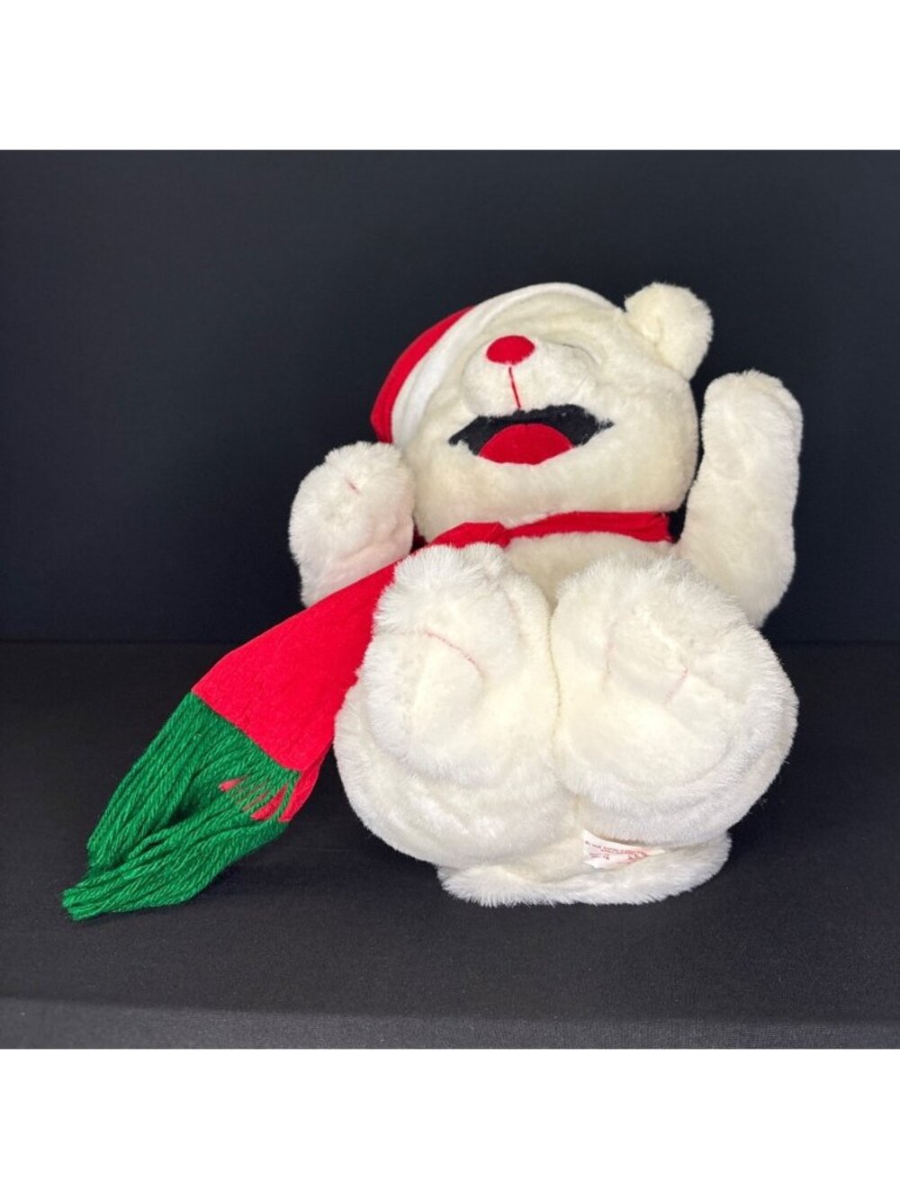 Christmas Laughing Activated Plush Teddy Bear With Santa Hat & Scarf Green Red - Picture 4 of 11
